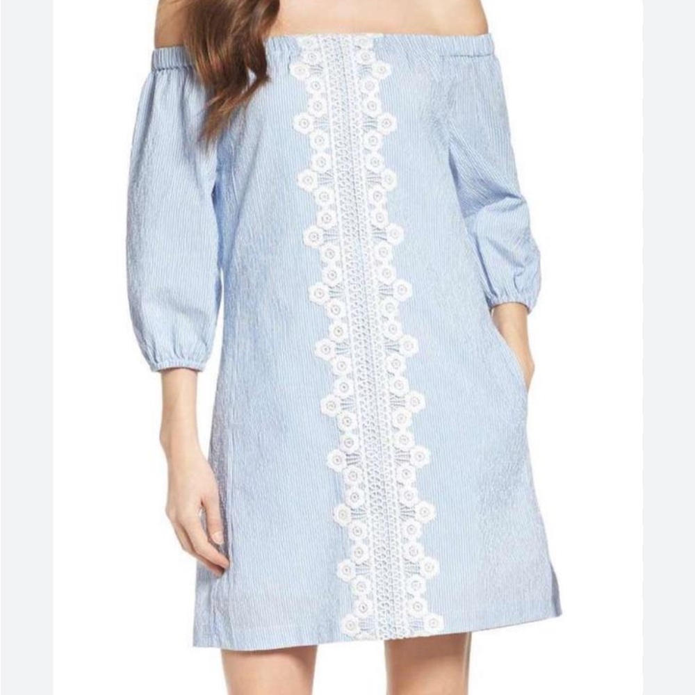 Blue Seersucker off the shoulder Eliza J mini dress
